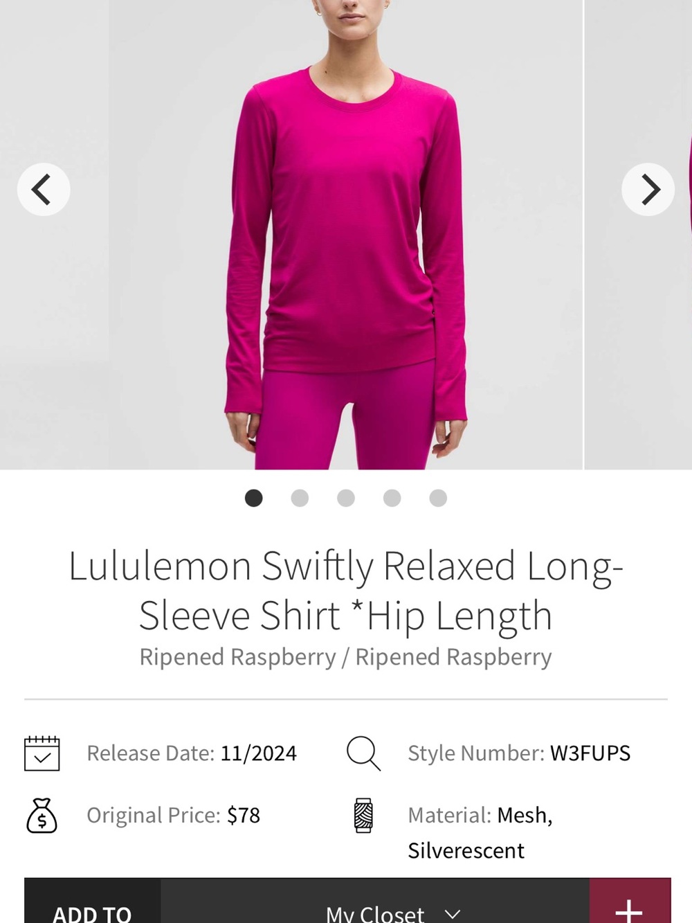 Lululemon Swiftly Relaxed Long-Sleeve Shirt Ripened Raspberry - Picture 7 of 8